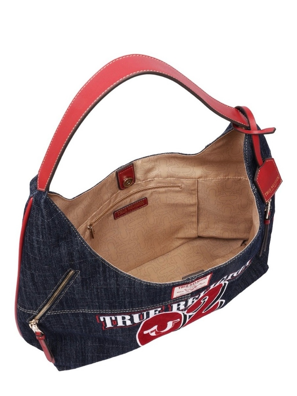 True Religion Dark Blue Denim Shoulder Bag with Red Accents - Picture 6 of 7